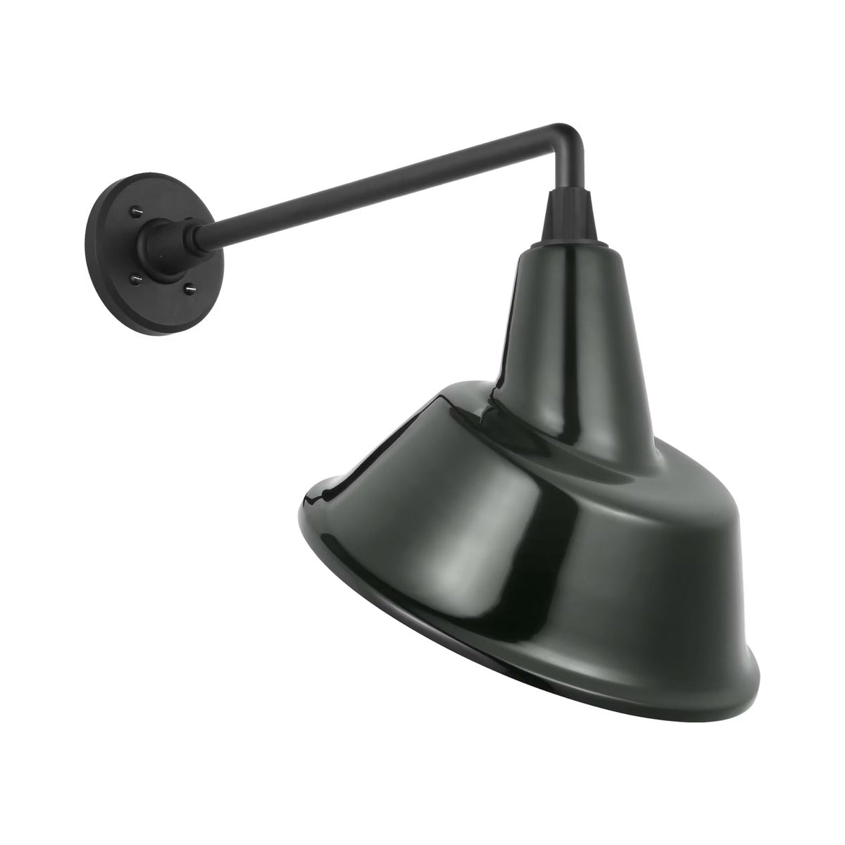 Academy Mack Barn Outdoor Wall Light in Matte Black (12.5-Inch Green Tilted Bowers Shade).