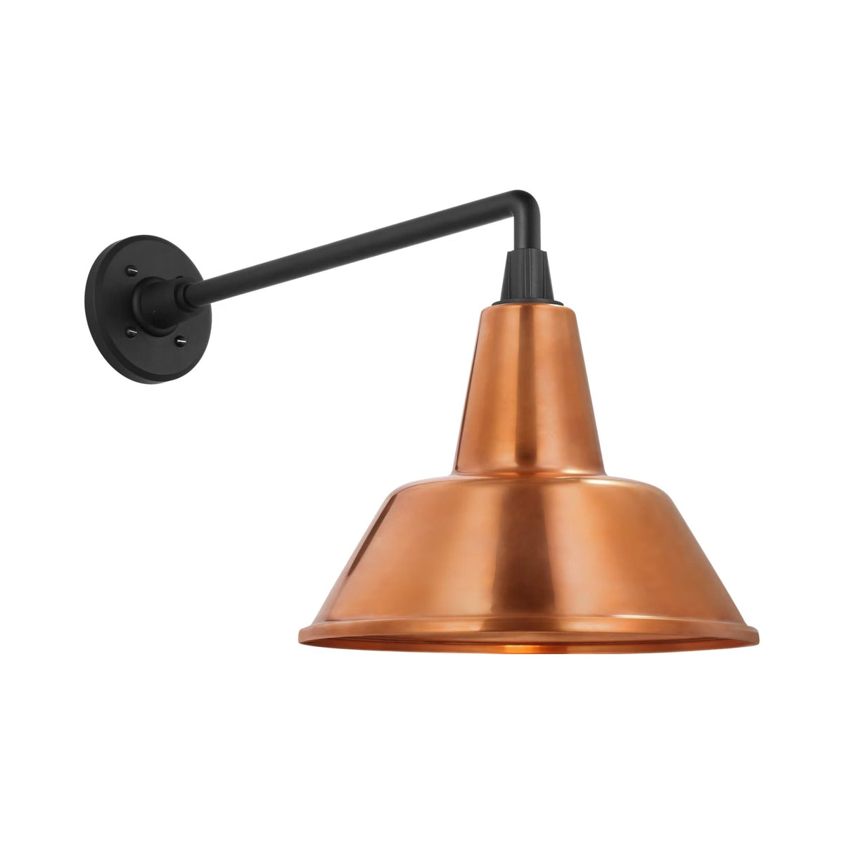 Academy Mack Barn Outdoor Wall Light in Matte Black (12.5-Inch Soft Copper Bowers Shade).