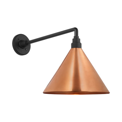 Academy Mack Barn Outdoor Wall Light in Matte Black (12.5-Inch Soft Copper Conical Savannah Shade).