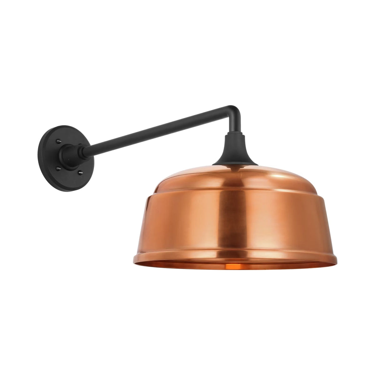 Academy Mack Barn Outdoor Wall Light in Matte Black (12.5-Inch Soft Copper Rockhouse Shade).