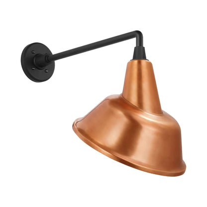 Academy Mack Barn Outdoor Wall Light in Matte Black (12.5-Inch Soft Copper Tilted Bowers Shade).