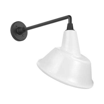 Academy Mack Barn Outdoor Wall Light in Matte Black (12.5-Inch White Tilted Bowers Shade).