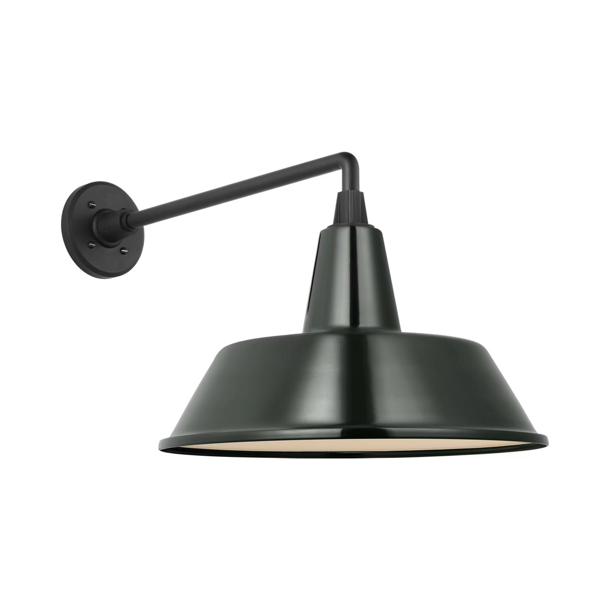 Academy Mack Barn Outdoor Wall Light in Matte Black (16-Inch Green Bowers Shade).