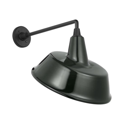Academy Mack Barn Outdoor Wall Light in Matte Black (16-Inch Green Tilted Bowers Shade).