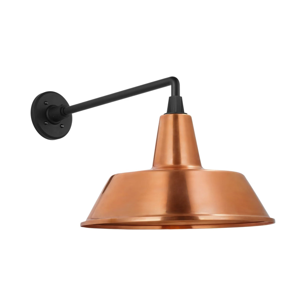 Academy Mack Barn Outdoor Wall Light in Matte Black (16-Inch Soft Copper Bowers Shade).