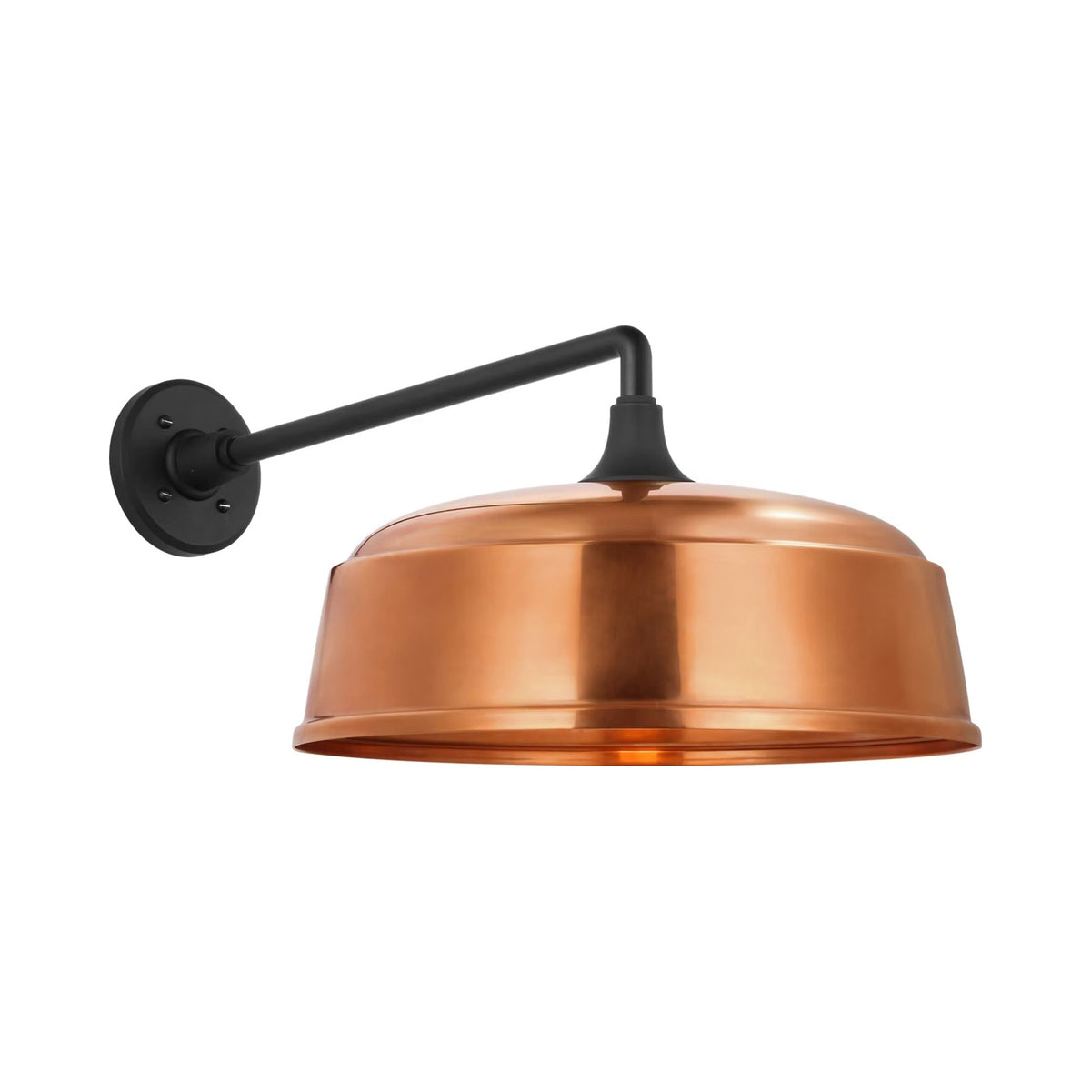 Academy Mack Barn Outdoor Wall Light in Matte Black (16-Inch Soft Copper Rockhouse Shade).