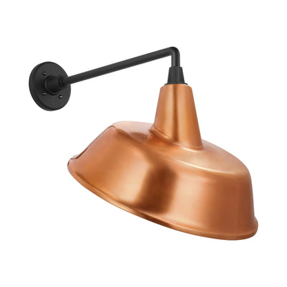Academy Mack Barn Outdoor Wall Light in Matte Black (16-Inch Soft Copper Tilted Bowers Shade).