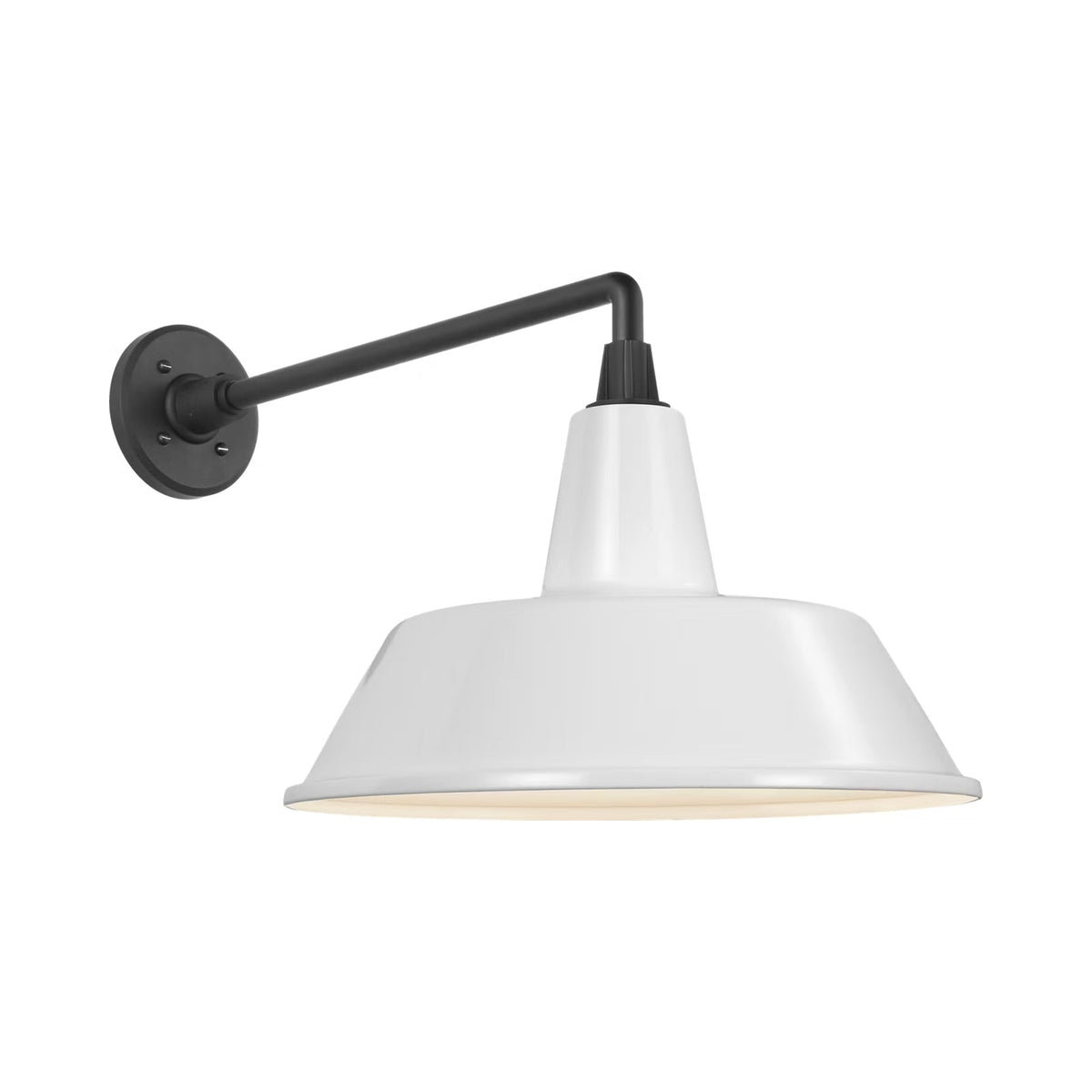 Academy Mack Barn Outdoor Wall Light in Matte Black (16-Inch White Bowers Shade).