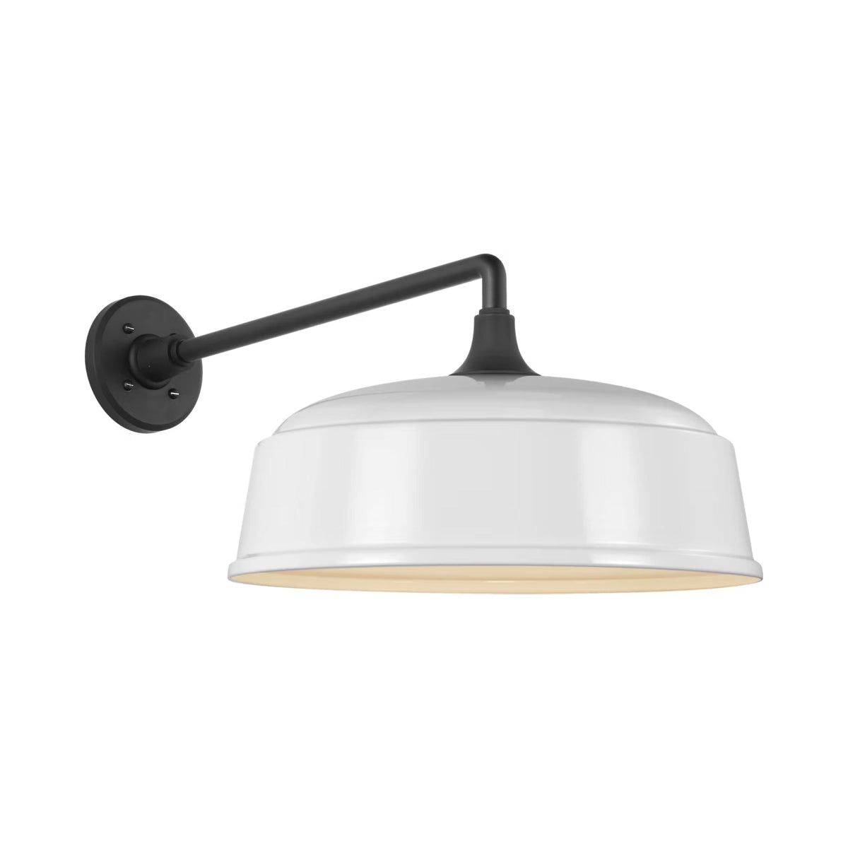 Academy Mack Barn Outdoor Wall Light in Matte Black (16-Inch White Rockhouse Shade).