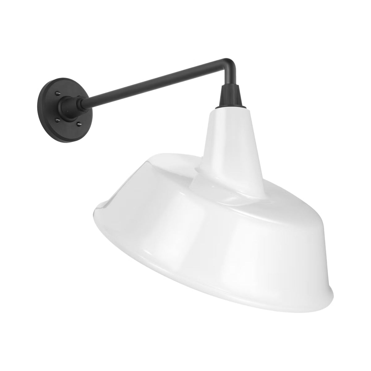 Academy Mack Barn Outdoor Wall Light in Matte Black (16-Inch White Tilted Bowers Shade).