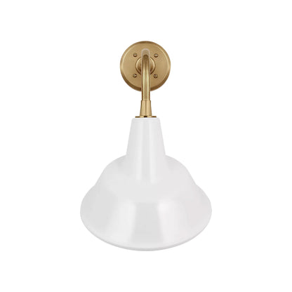 Academy Rex Barn Outdoor Wall Light in Hand-Rubbed Antique Brass (12.5-Inch White Tilted Bowers Shade).