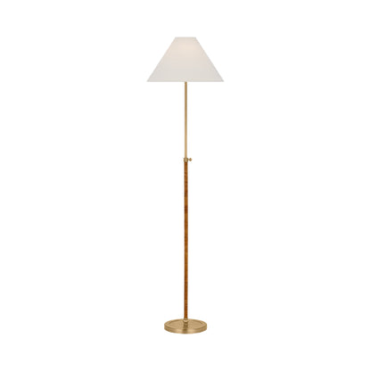 Basden Adjustable Floor Lamp in Antique-Burnished Brass/Natural Rattan.
