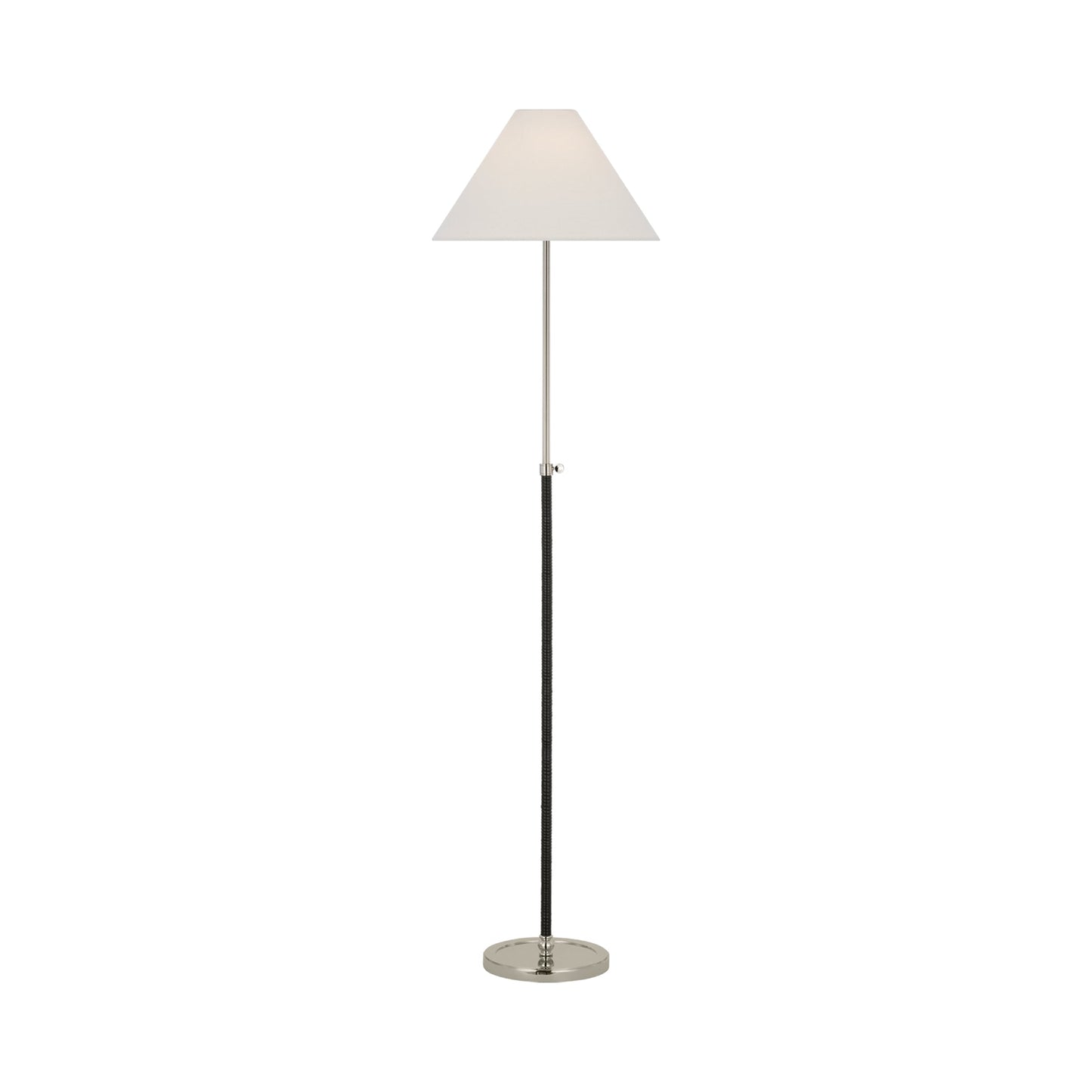 Basden Adjustable Floor Lamp in Polished Nickel/Black Rattan.