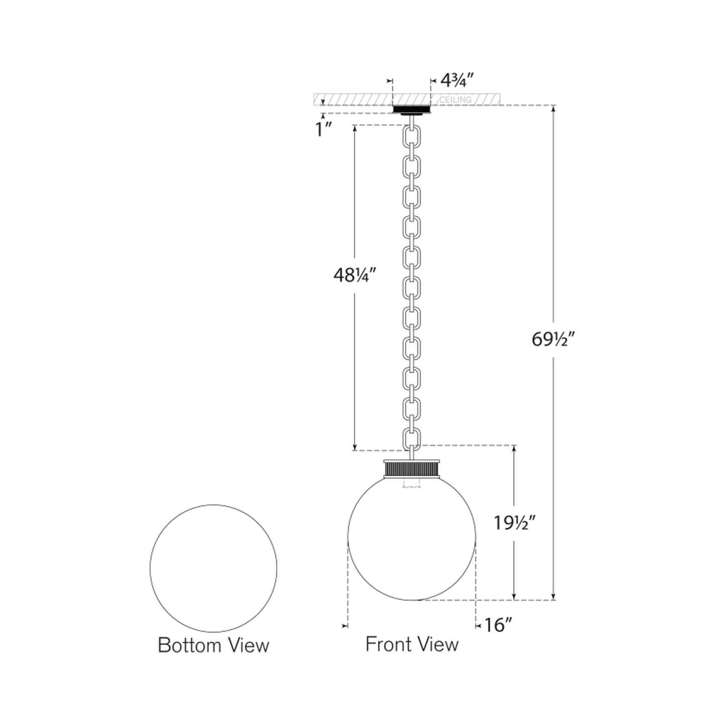 Bellamy Single Chandelier - line drawing.