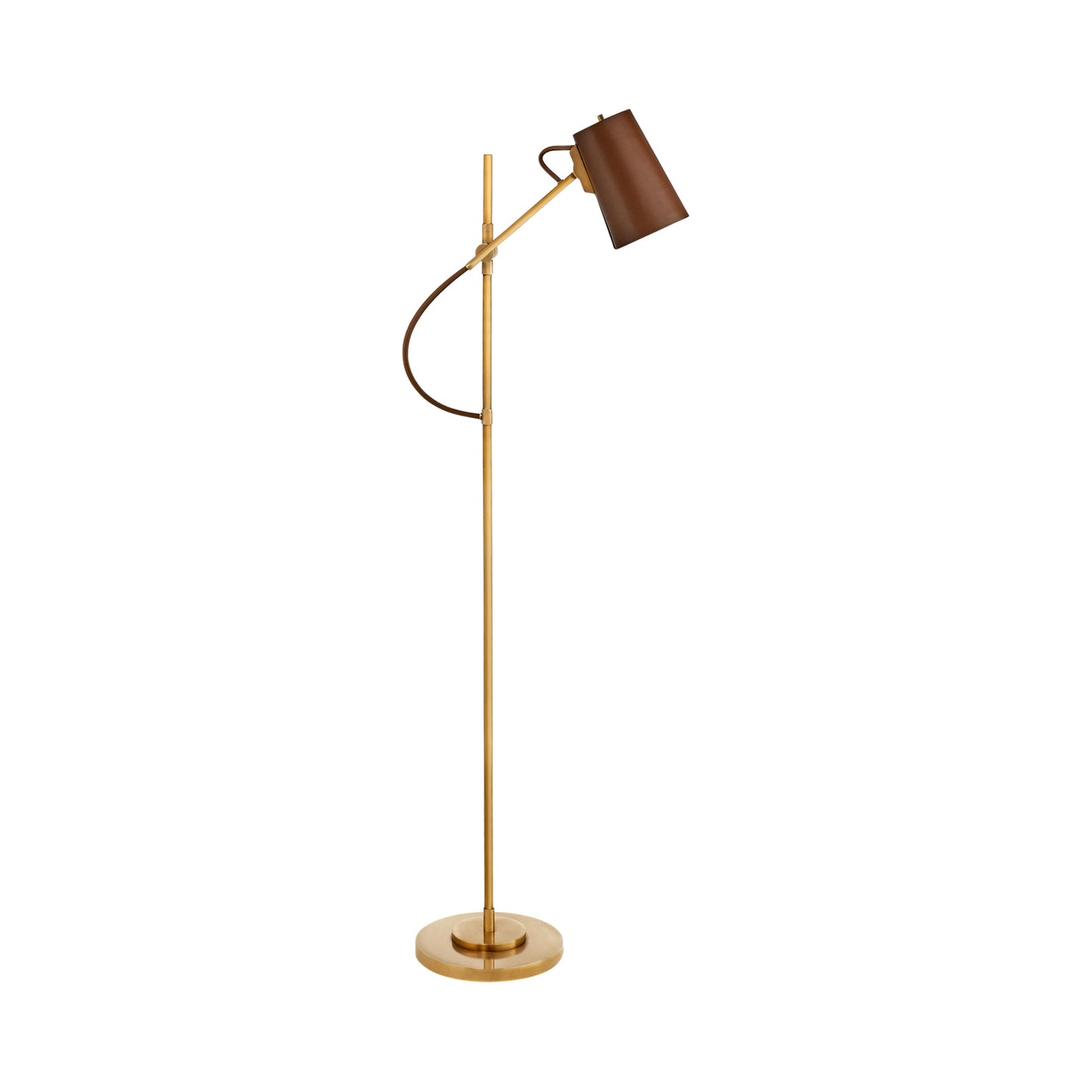 Benton Floor Lamp in Natural Brass/Saddle Leather.