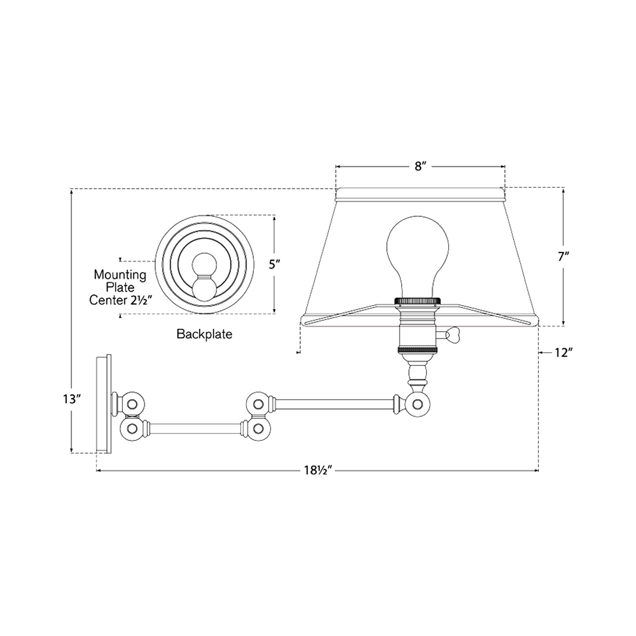 Boston Swing Arm Linen Shade Wall Light - line drawing.