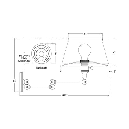 Boston Swing Arm Linen Shade Wall Light - line drawing.