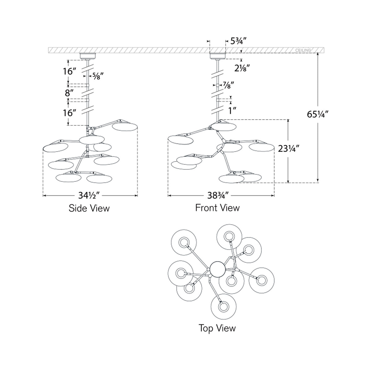 Brindille LED Vertical Chandelier - line drawing.
