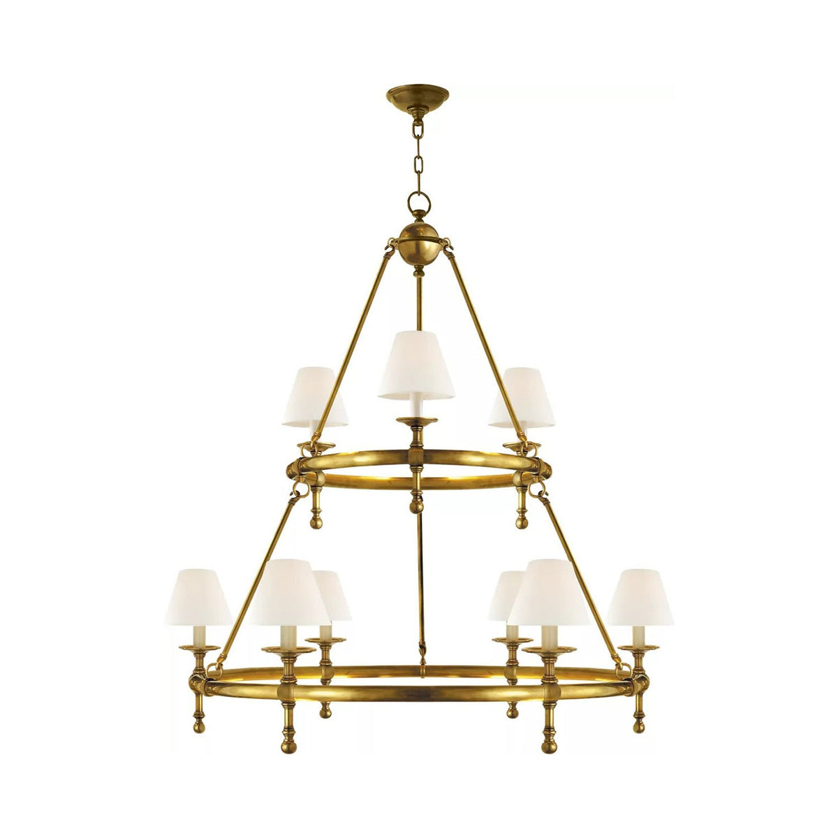 Classic Two-Tier Ring Chandelier in Hand-Rubbed Antique Brass.