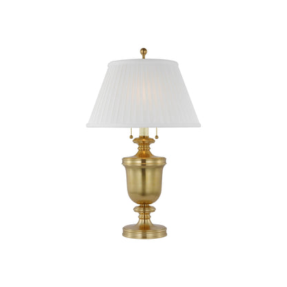 Classical Urn Form Table Lamp in Antique-Burnished Brass/Silk Pleat.