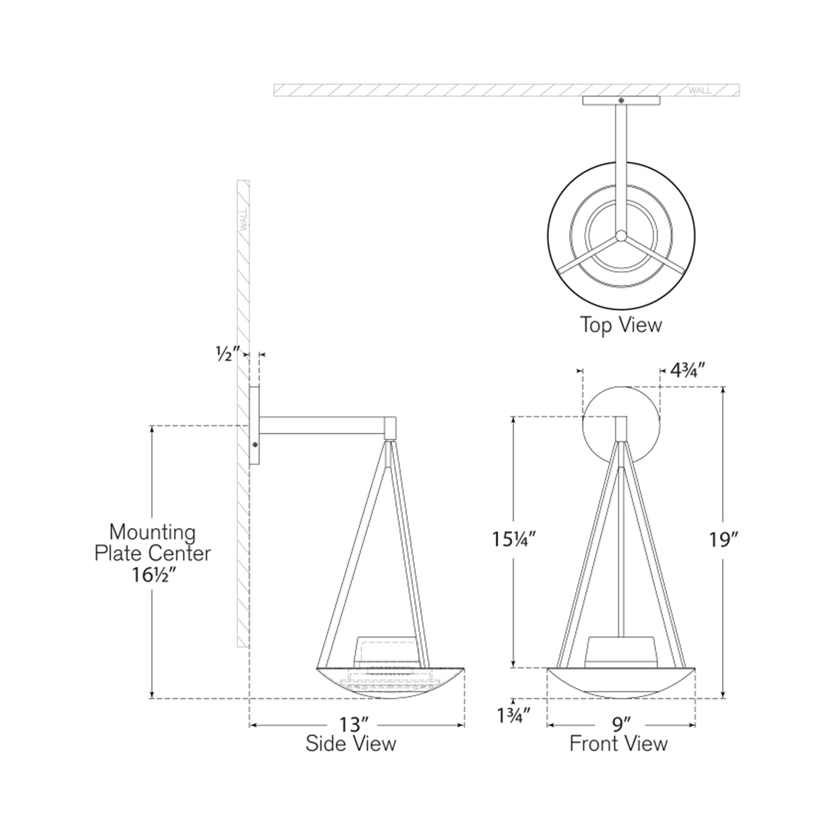 Divina Floating Bowl LED Wall Light - line drawing.