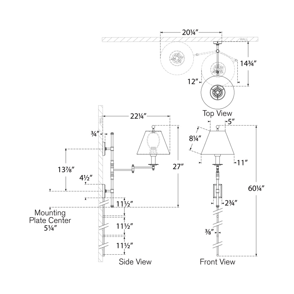 Dorchester Swing Arm Wall Light - line drawing.