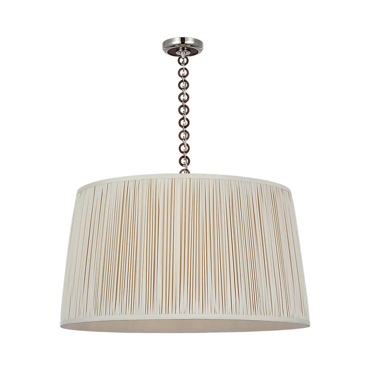 Evelyn Pendant Light in Polished Nickel and Natural Oak/Champagne Silk Pleat.
