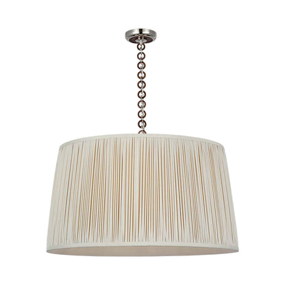 Evelyn Pendant Light in Polished Nickel and Natural Oak/Champagne Silk Pleat.