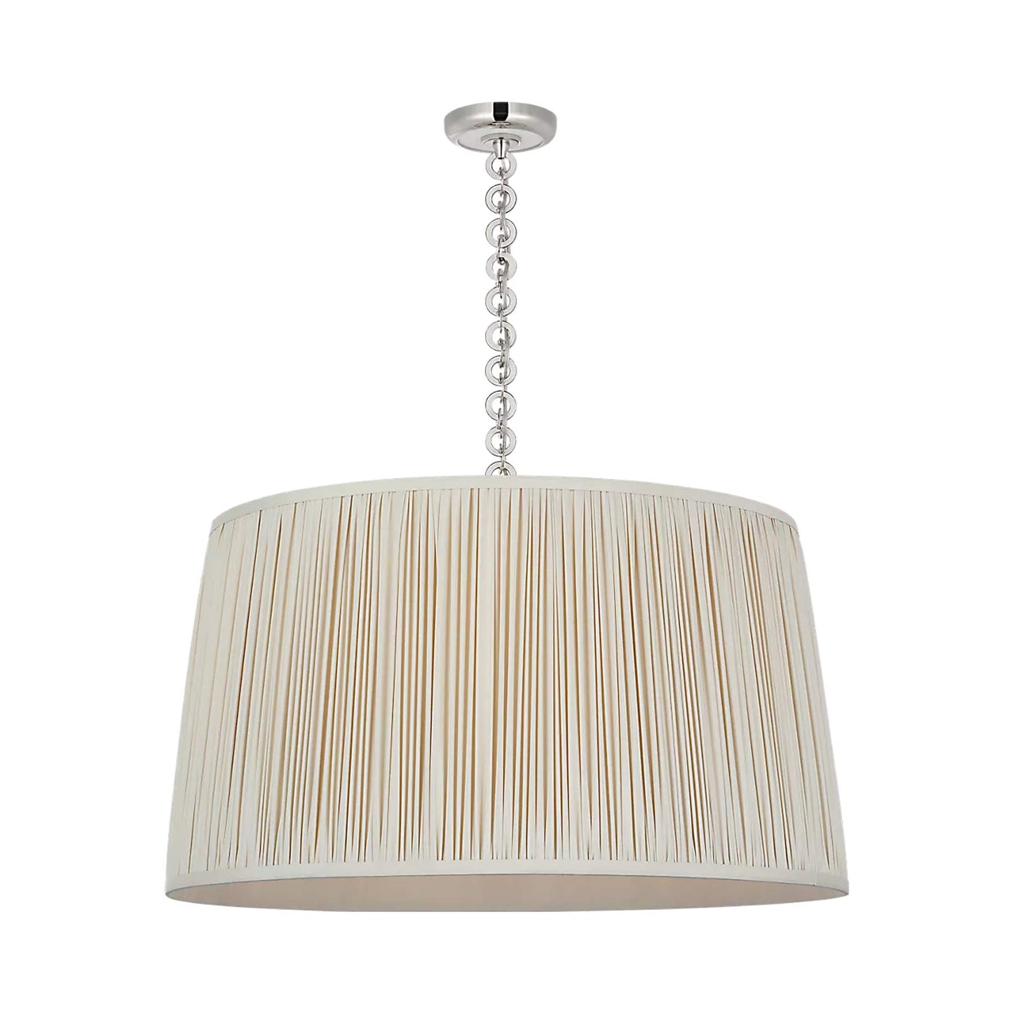 Evelyn Pendant Light in Polished Nickel and White Oak/Champagne Silk Pleat.