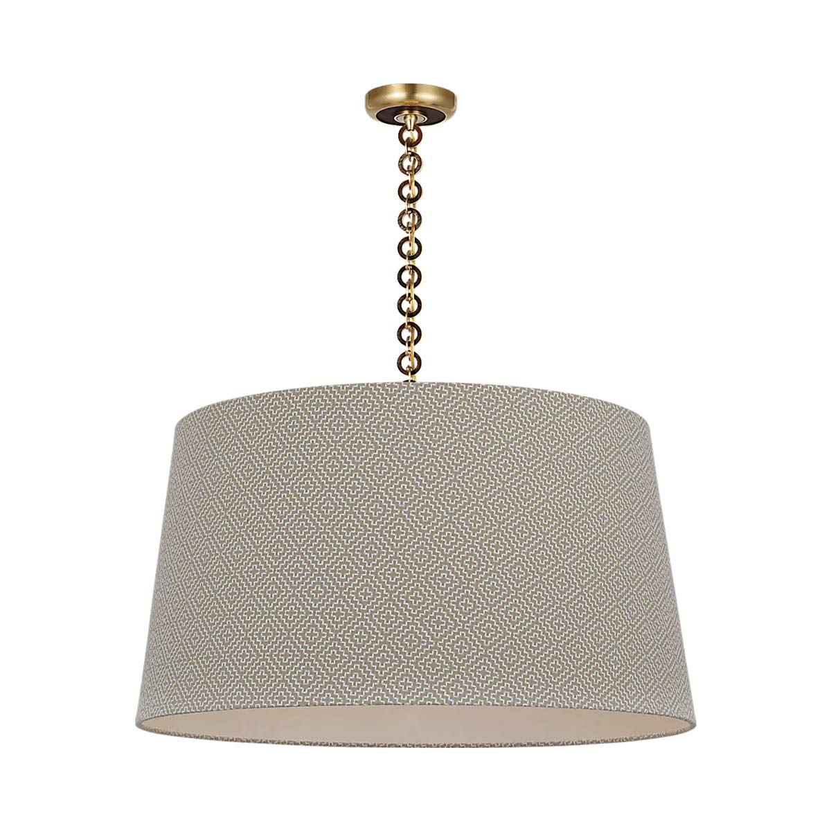 Evelyn Pendant Light in Hand-Rubbed Antique Brass and Natural Oak/Dove Soho Weave.