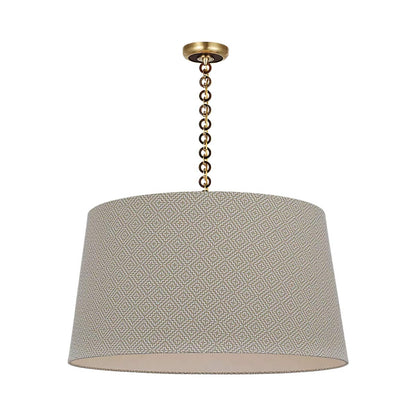 Evelyn Pendant Light in Hand-Rubbed Antique Brass and Natural Oak/Dove Soho Weave.