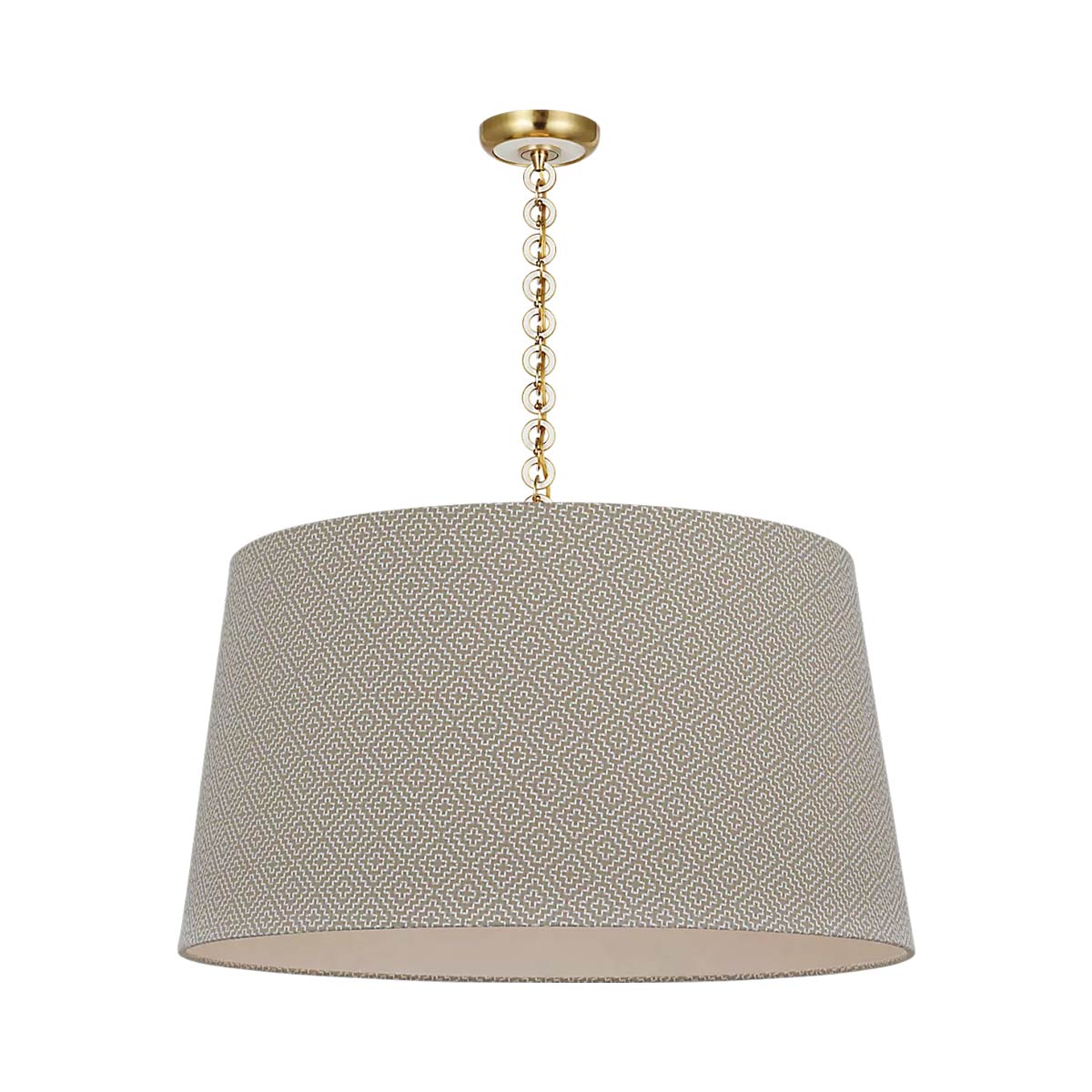 Evelyn Pendant Light in Hand-Rubbed Antique Brass and White Oak/Dove Soho Weave.
