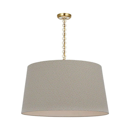 Evelyn Pendant Light in Hand-Rubbed Antique Brass and White Oak/Dove Soho Weave.