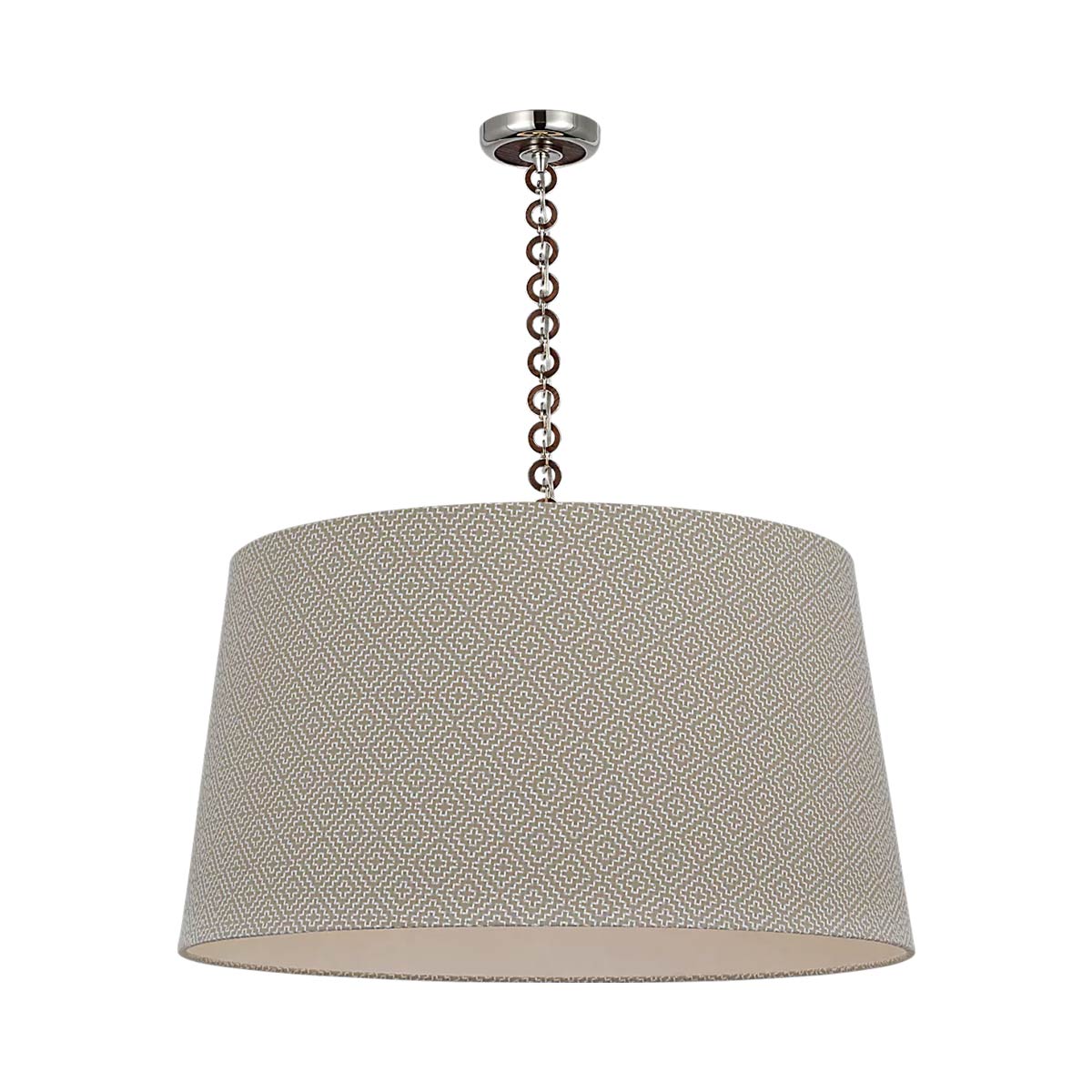 Evelyn Pendant Light in Polished Nickel and Natural Oak/Dove Soho Weave.