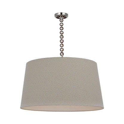 Evelyn Pendant Light in Polished Nickel and Natural Oak/Dove Soho Weave.