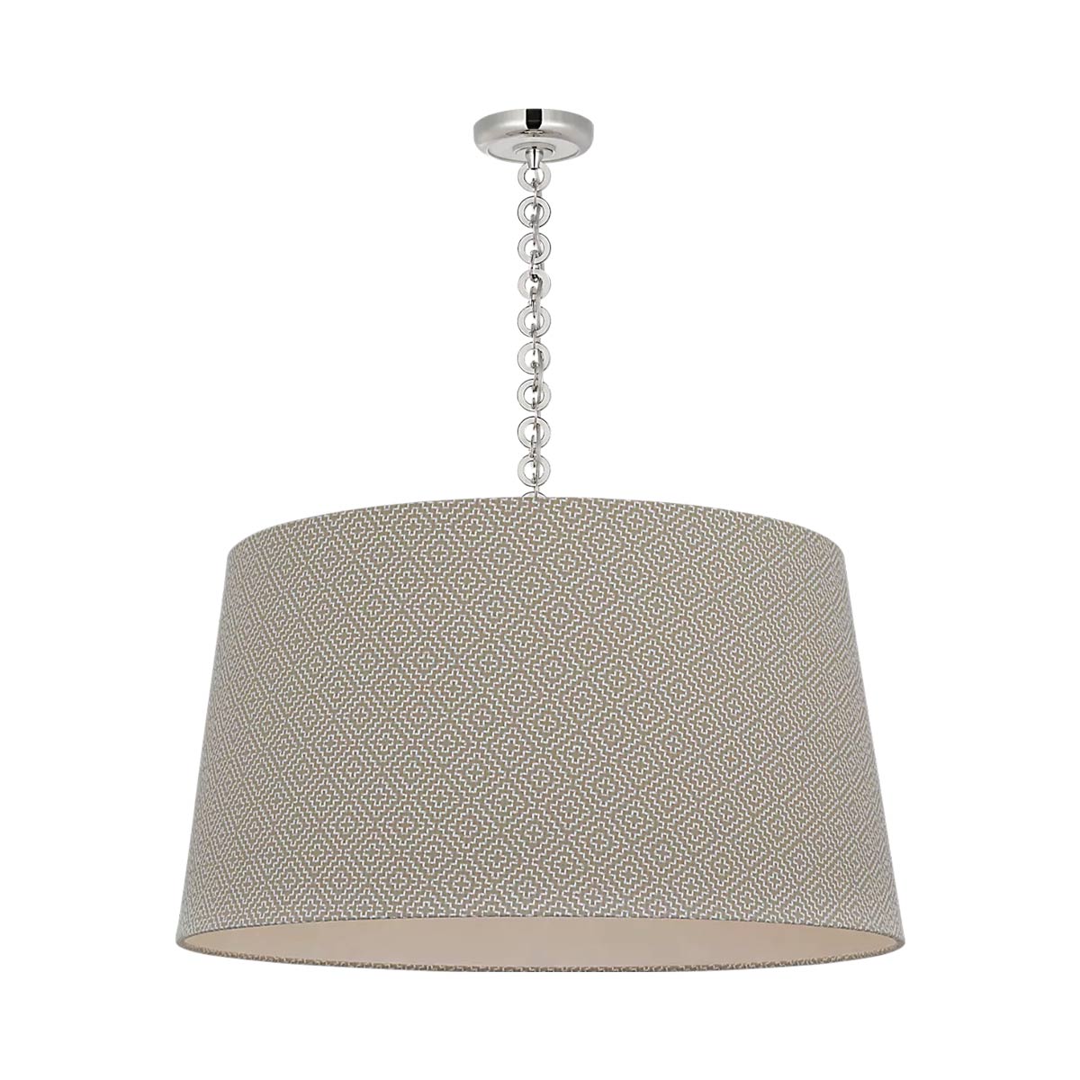Evelyn Pendant Light in Polished Nickel and White Oak/Dove Soho Weave.