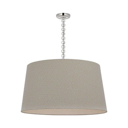 Evelyn Pendant Light in Polished Nickel and White Oak/Dove Soho Weave.