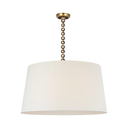 Evelyn Pendant Light in Hand-Rubbed Antique Brass and Natural Oak/Linen.