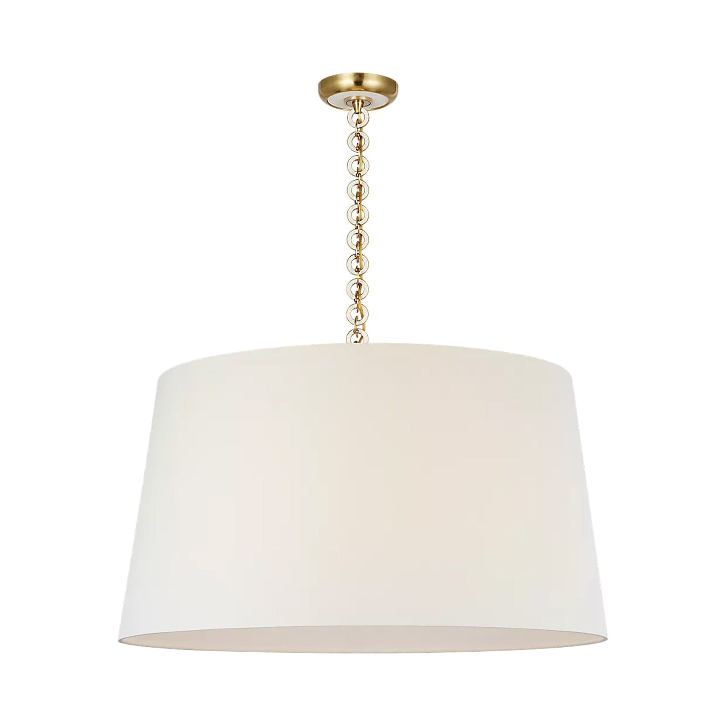 Evelyn Pendant Light in Hand-Rubbed Antique Brass and White Oak/Linen.