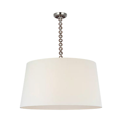 Evelyn Pendant Light in Polished Nickel and Natural Oak/Linen.
