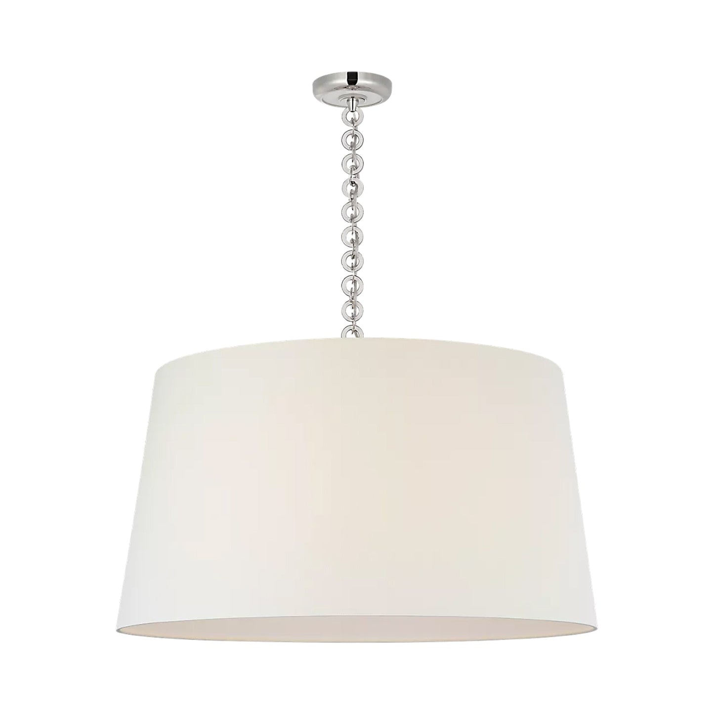 Evelyn Pendant Light in Polished Nickel and White Oak/Linen.