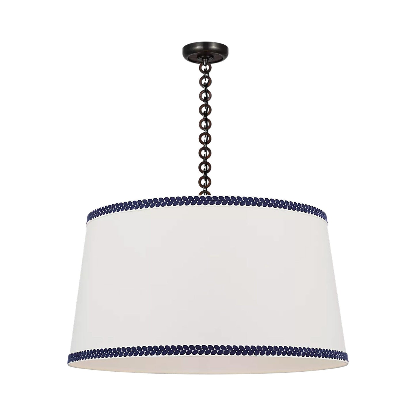 Evelyn Pendant Light in Bronze and Natural Oak/Linen and Blue Berkeley Tape.
