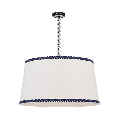 Evelyn Pendant Light in Bronze and White Oak/Linen and Blue Berkeley Tape.