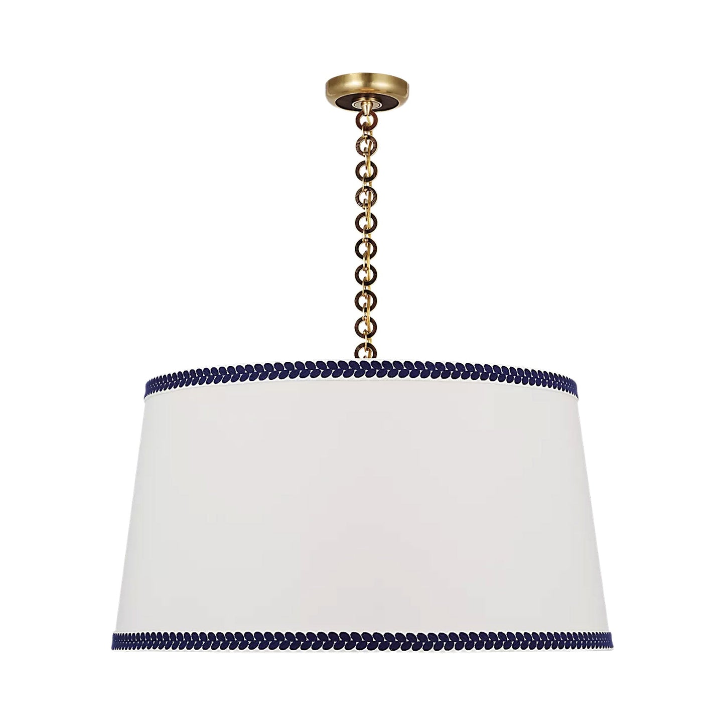 Evelyn Pendant Light in Hand-Rubbed Antique Brass and Natural Oak/Linen and Blue Berkeley Tape.