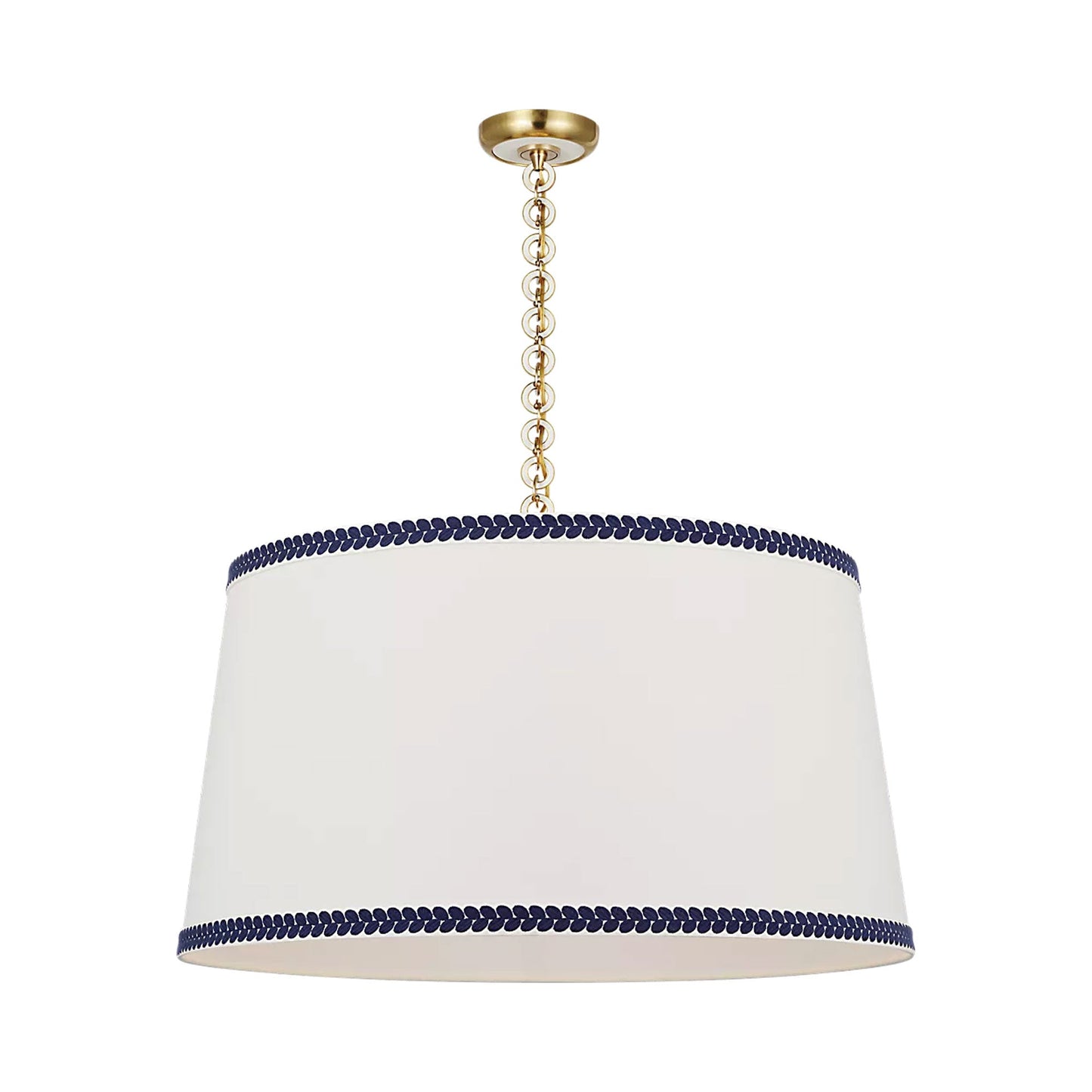 Evelyn Pendant Light in Hand-Rubbed Antique Brass and White Oak/Linen and Blue Berkeley Tape.