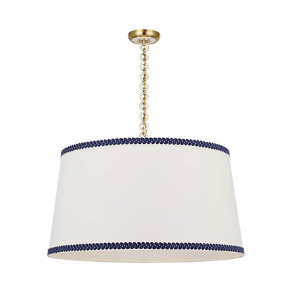 Evelyn Pendant Light in Hand-Rubbed Antique Brass and White Oak/Linen and Blue Berkeley Tape.