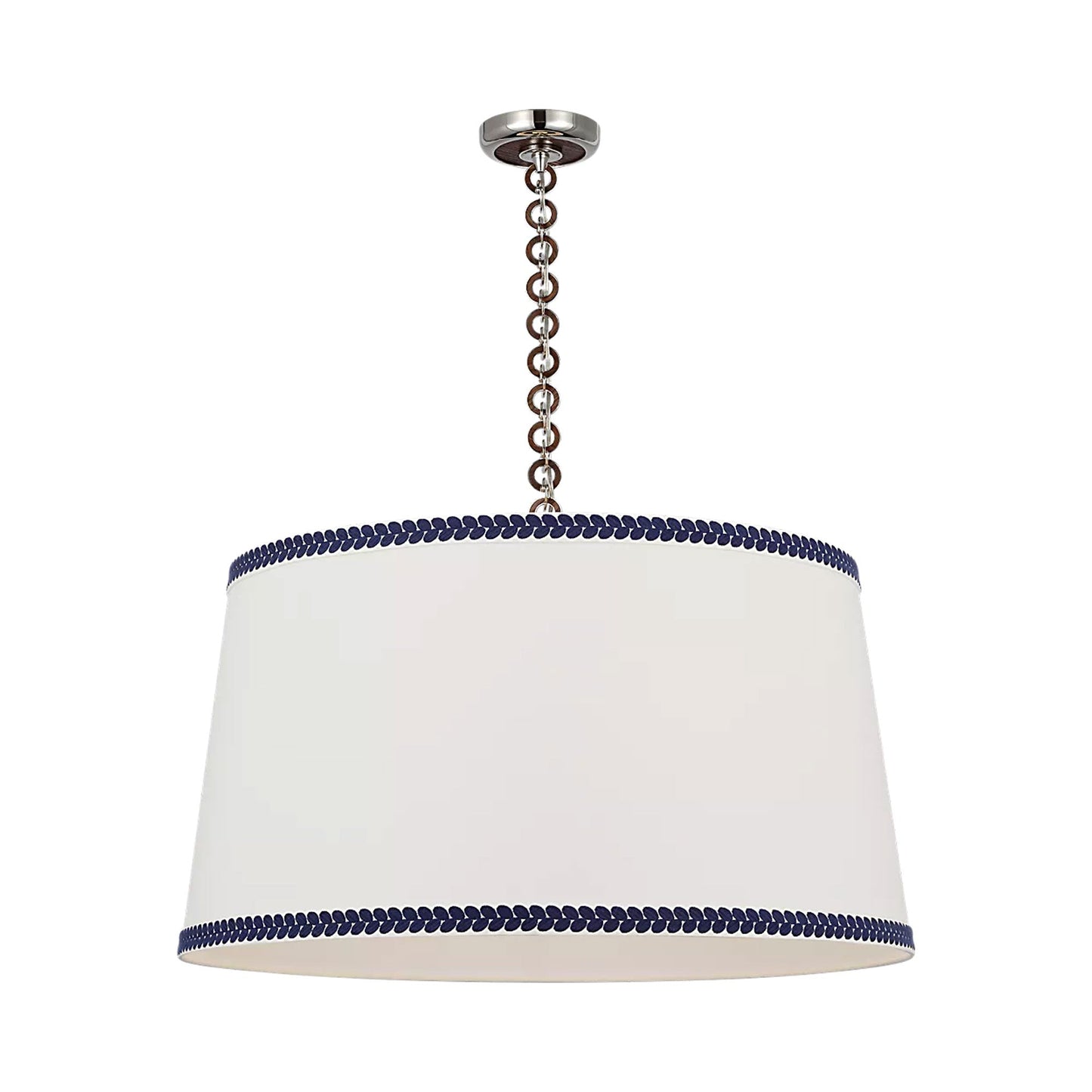 Evelyn Pendant Light in Polished Nickel and Natural Oak/Linen and Blue Berkeley Tape.