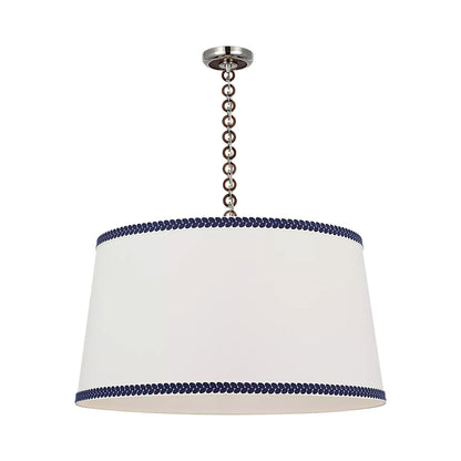 Evelyn Pendant Light in Polished Nickel and Natural Oak/Linen and Blue Berkeley Tape.
