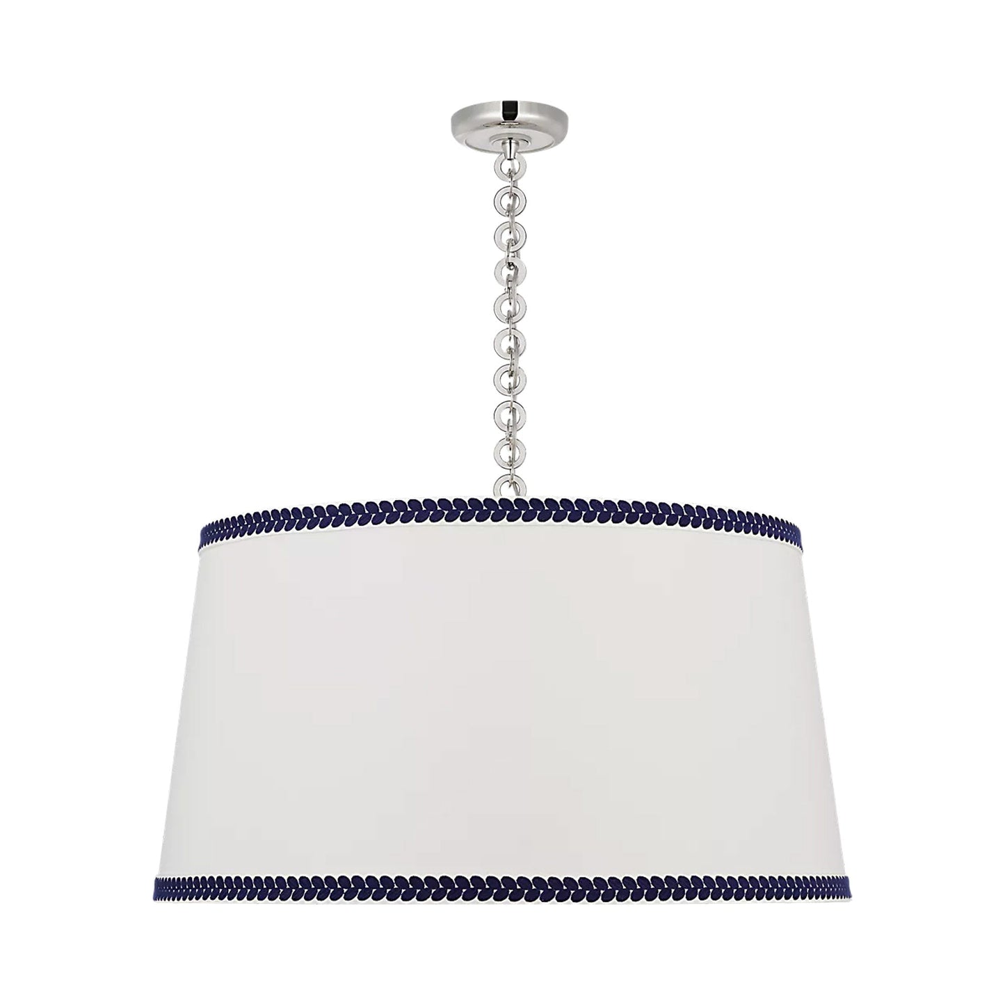 Evelyn Pendant Light in Polished Nickel and White Oak/Linen and Blue Berkeley Tape.
