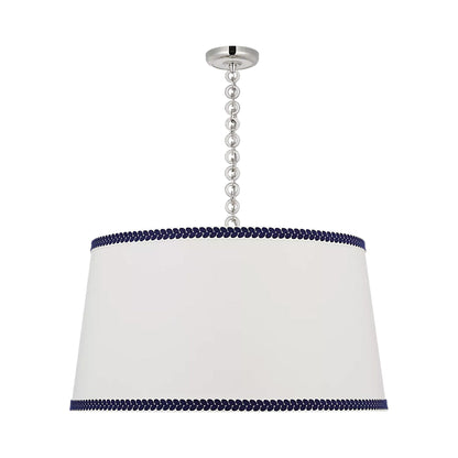 Evelyn Pendant Light in Polished Nickel and White Oak/Linen and Blue Berkeley Tape.